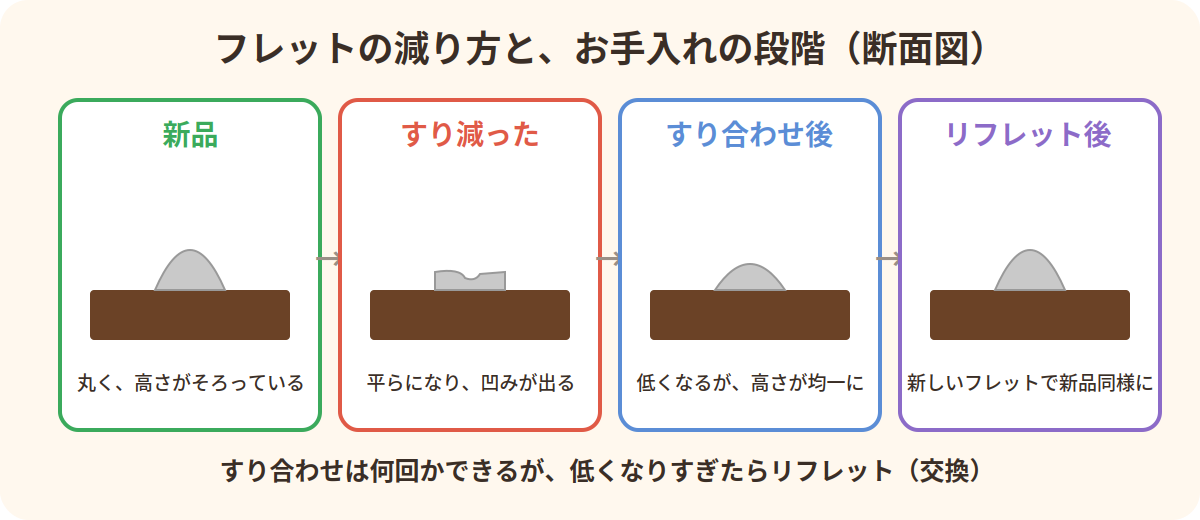 フレットの減り方とお手入れの段階の断面図：新品、すり減った状態、すり合わせ後、リフレット後